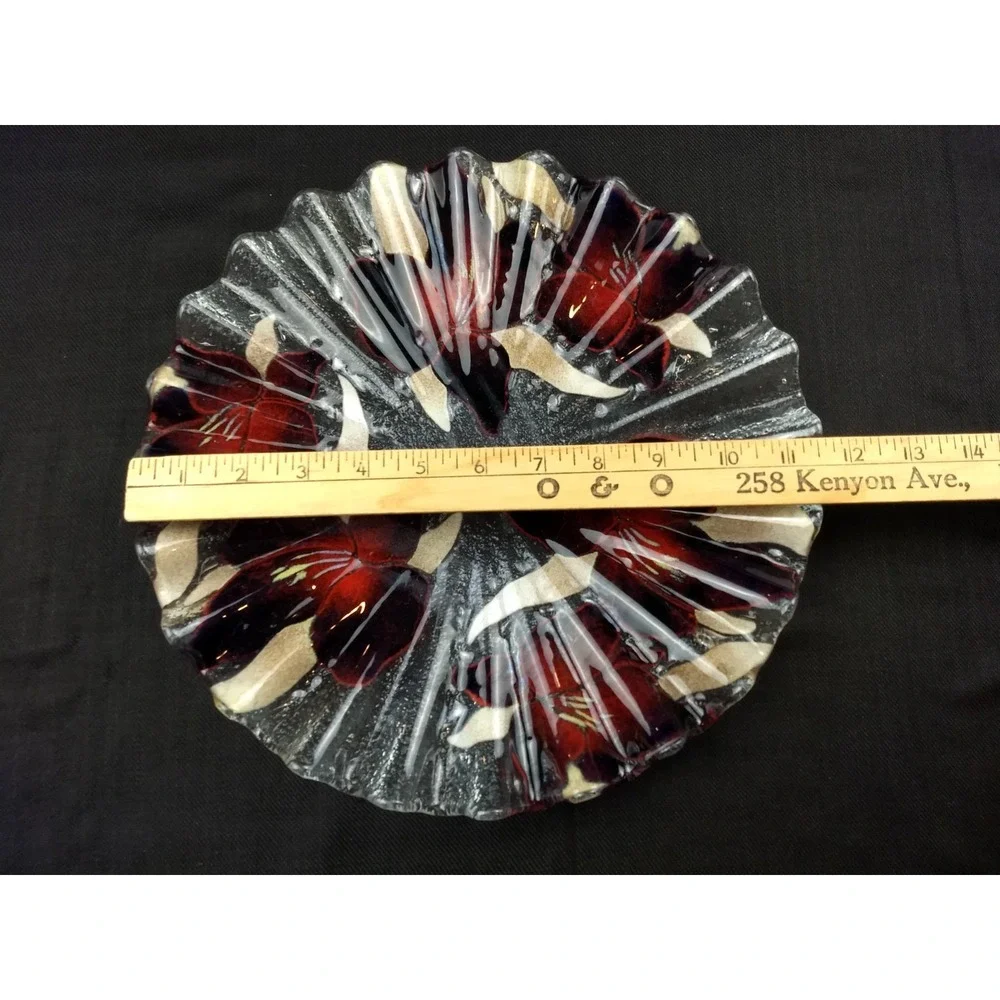 Sydenstricker Art Glass Ruffled Plate Elephant Ear Orchid Purple Red Wavy Signed